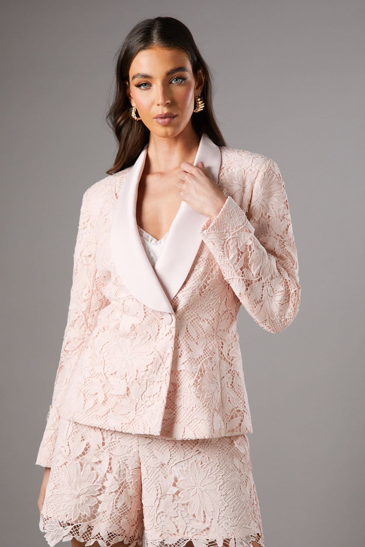 Coast Coast Blush Lace Double Breasted Blazer With Satin Lapel