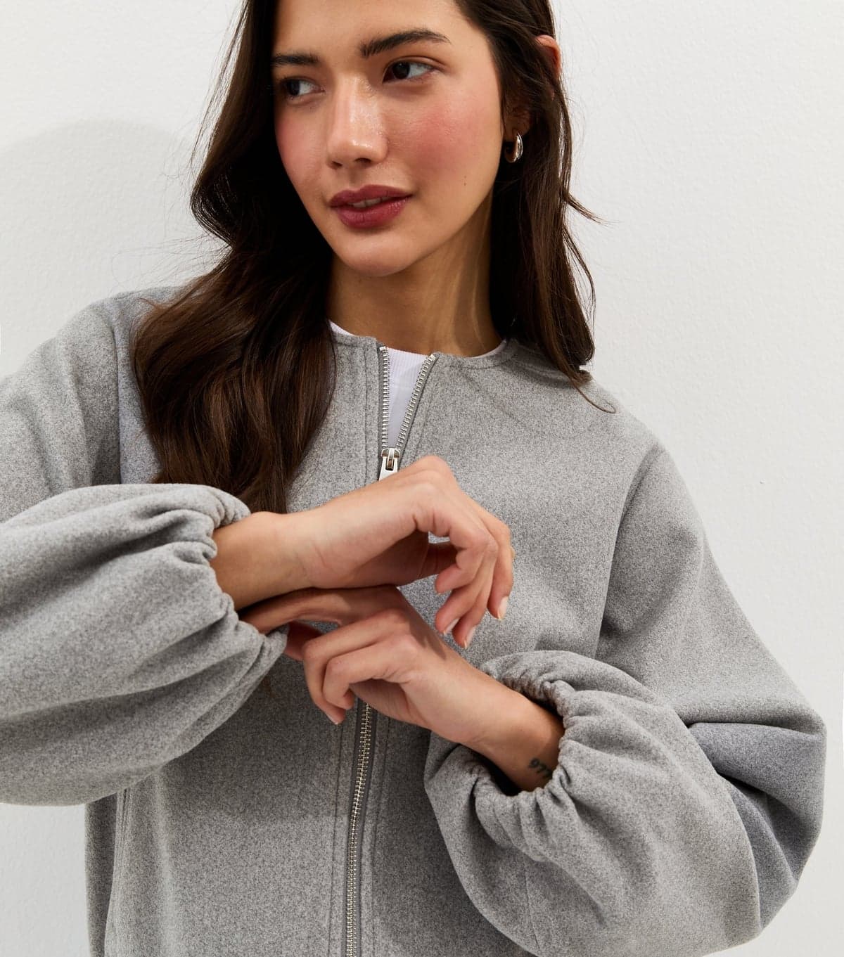 New Look Women's Grey Collarless Zip Through Bomber Jacket New Look