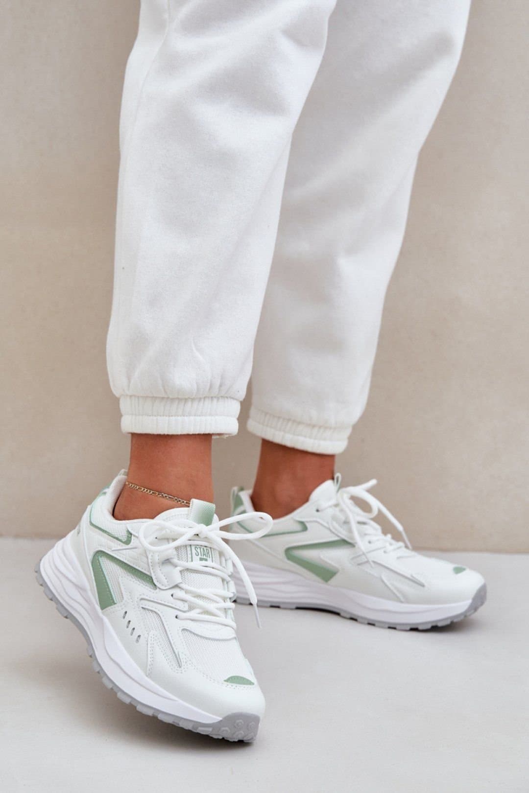 Love Lace Love Lace White Sport Shoes with Green Accents