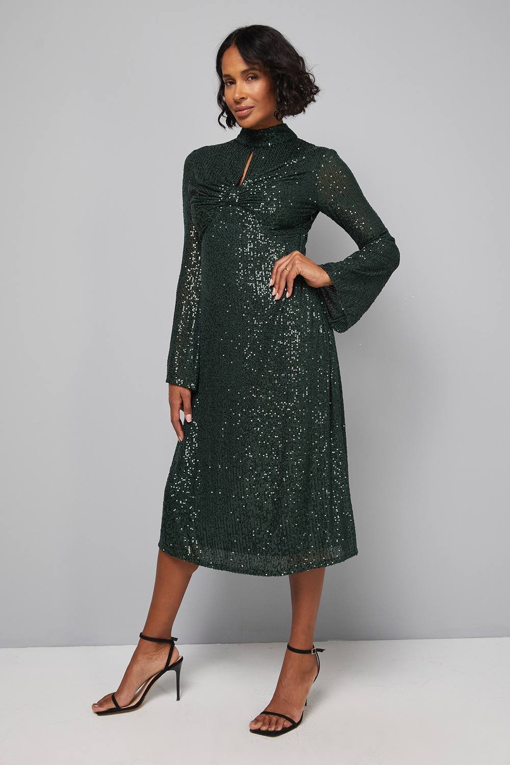 Wallis Wallis Women's High Neck Sequin Midi Dress in Forest - 2