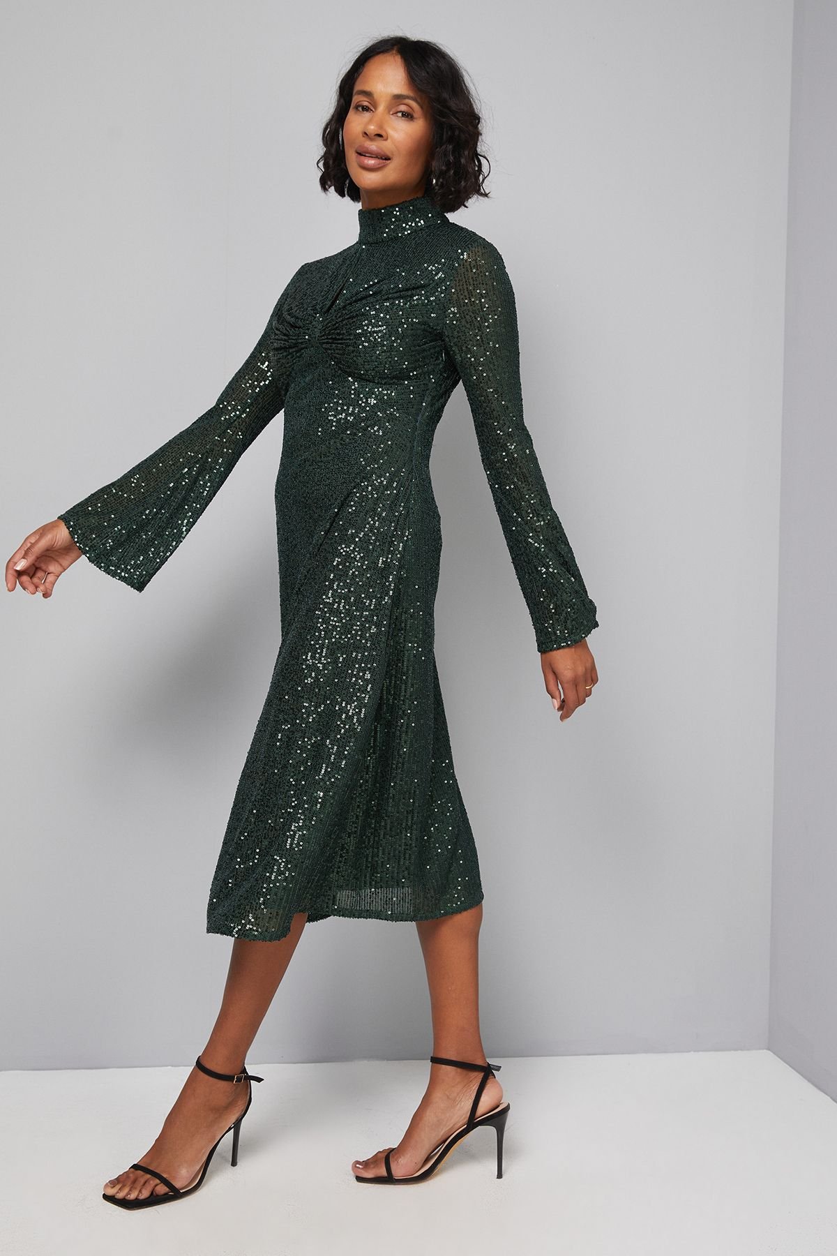 Wallis Wallis Women's High Neck Sequin Midi Dress in Forest - 4