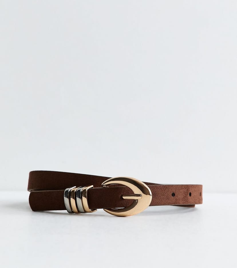 New Look Dark Brown Faux Suede Mixed Metal Oval Buckle Belt New Look - 1