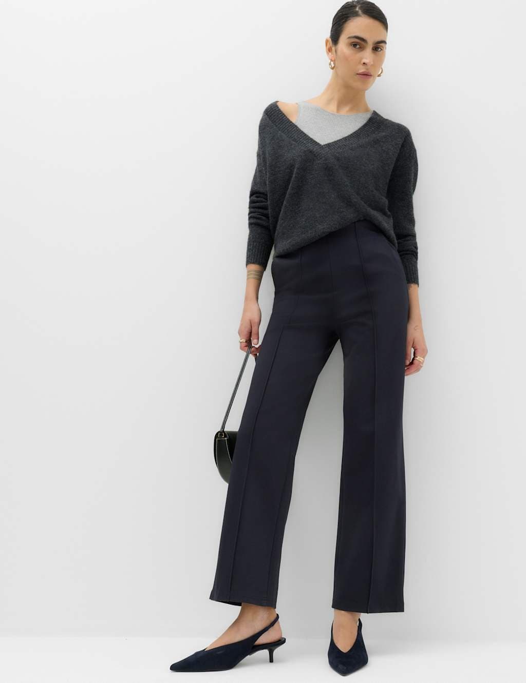 Marks & Spencer M&S Jersey Twill Straight Leg Ankle Grazer Trousers Dark Navy