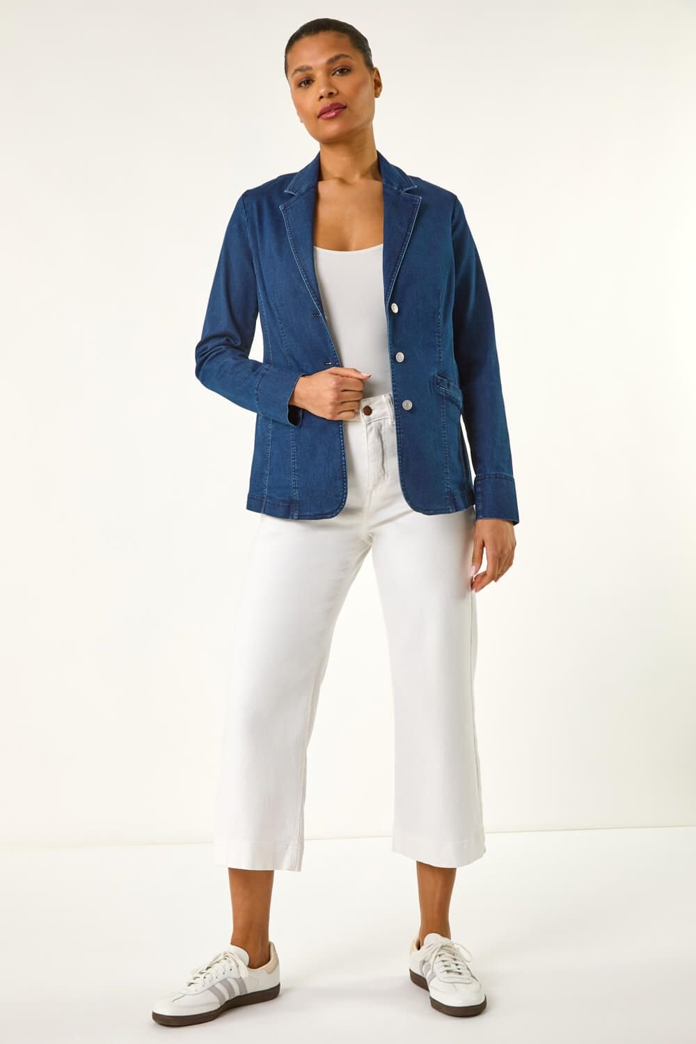 Roman Roman Women's Denim Collar Stretch Blazer in Indigo - 2