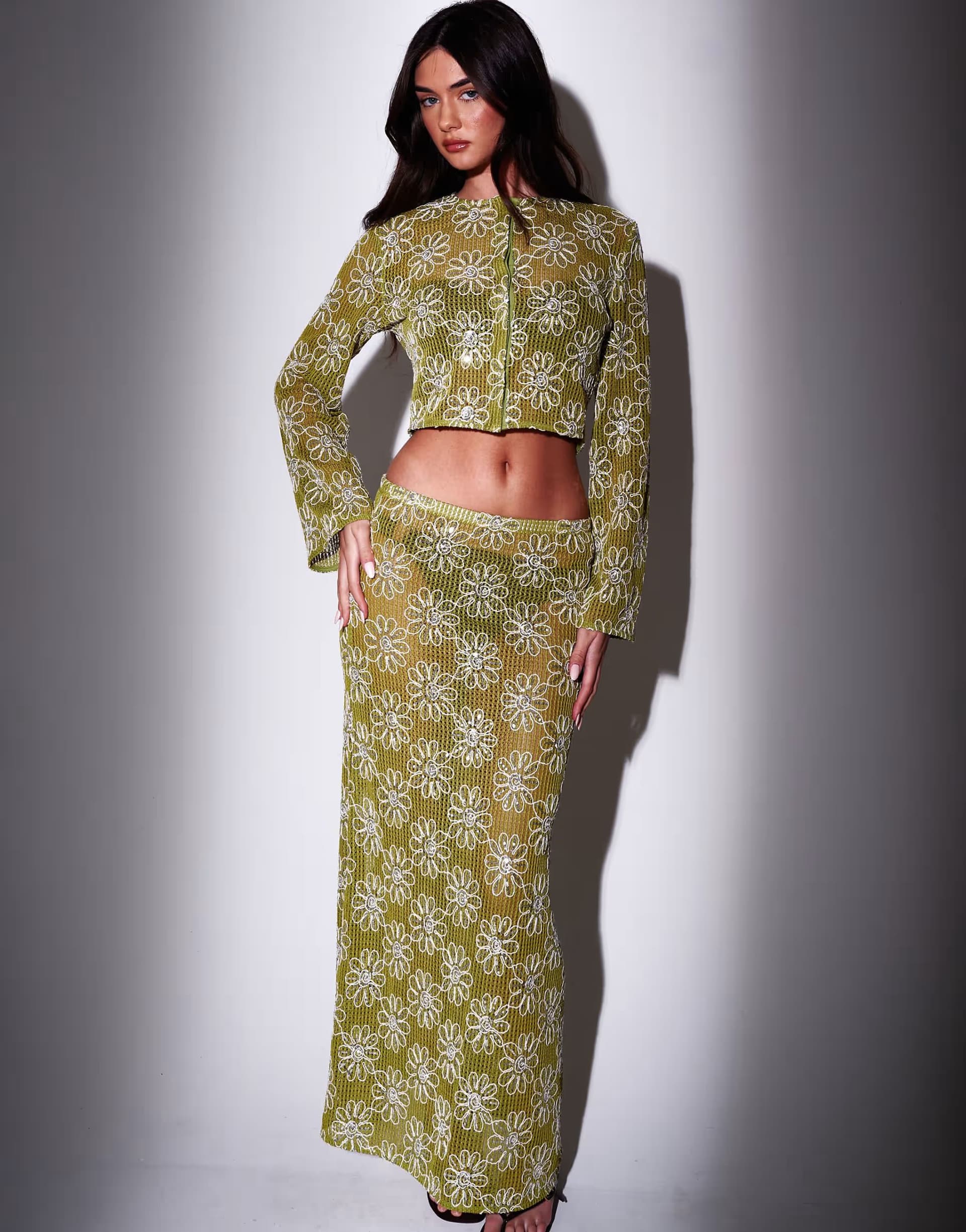 ASOS South Beach Crochet floral sequin maxi skirt in green