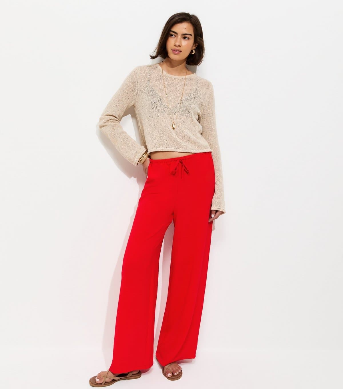 New Look Women's Bright Red Drawstring Waist Wide Leg Trousers New Look
