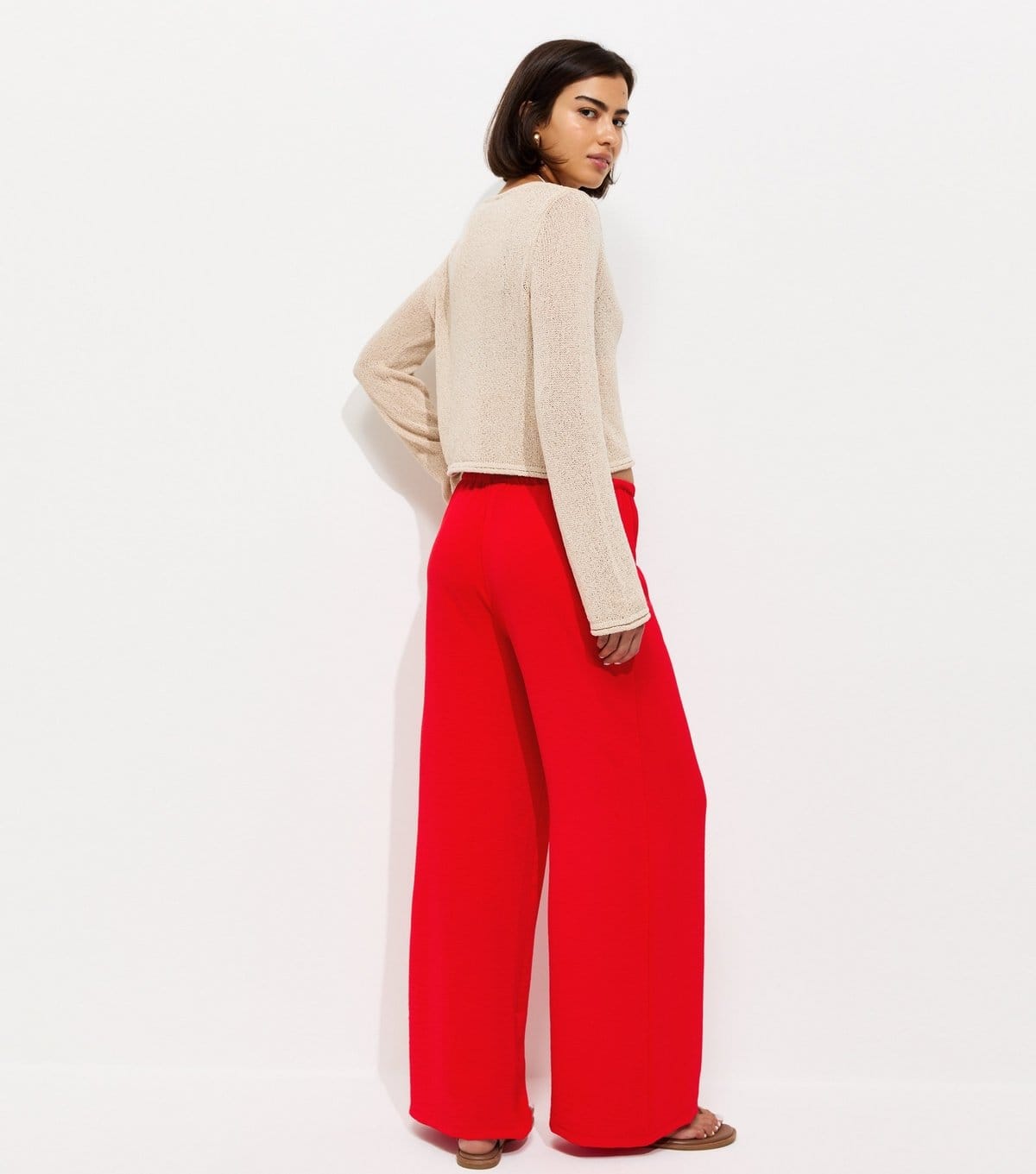 New Look Women's Bright Red Drawstring Waist Wide Leg Trousers New Look - 4