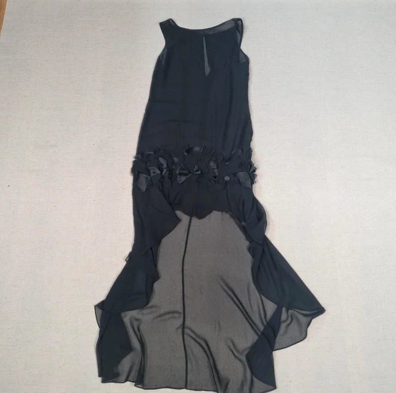 Coast Coast - Black Chiffon High-Low Evening Gown with Floral Appliqué Detail - Size 12