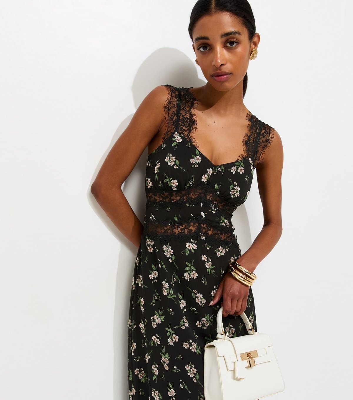 New Look Women's Black Floral Print Lace Trim A-Line Midi Dress New Look