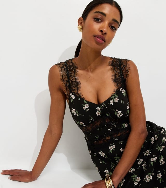 New Look Women's Black Floral Print Lace Trim A-Line Midi Dress New Look - 2