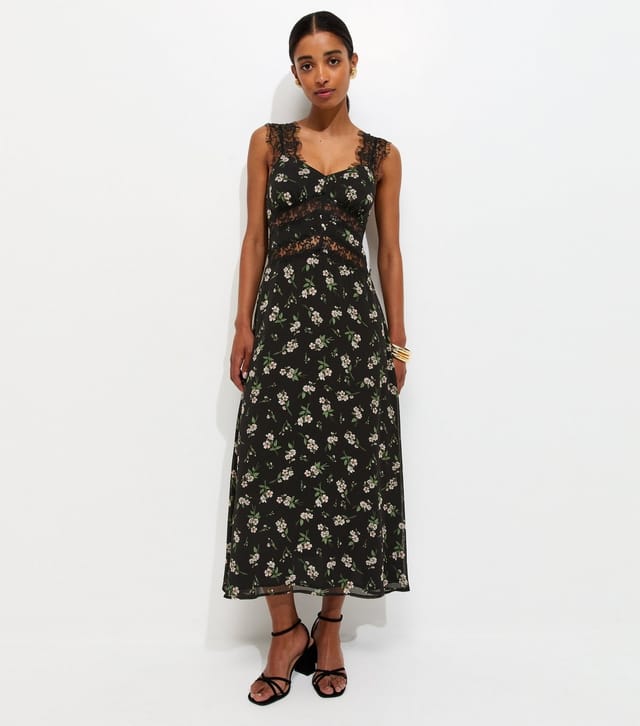 New Look Women's Black Floral Print Lace Trim A-Line Midi Dress New Look - 3