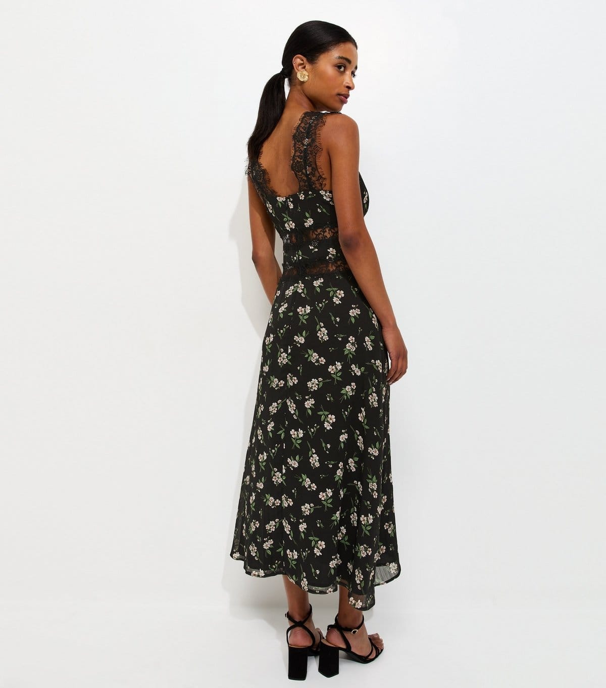 New Look Women's Black Floral Print Lace Trim A-Line Midi Dress New Look - 4