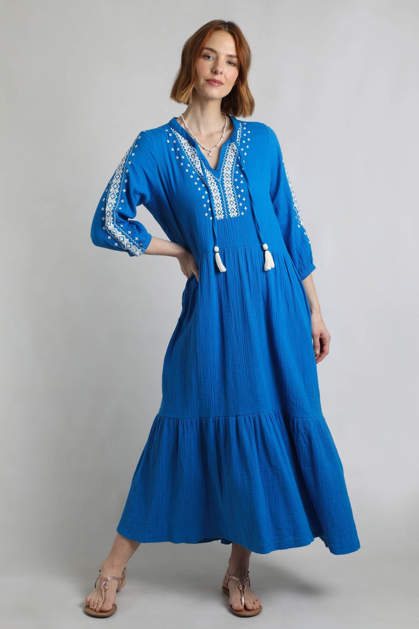 Weird Fish Weird Fish Women's Arles Cotton Embroidered Double Cloth Dress in Mid Blue - 2