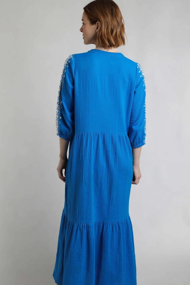 Weird Fish Weird Fish Women's Arles Cotton Embroidered Double Cloth Dress in Mid Blue - 3