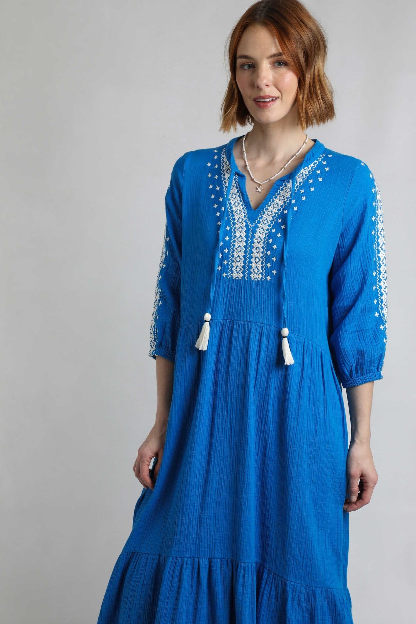 Weird Fish Weird Fish Women's Arles Cotton Embroidered Double Cloth Dress in Mid Blue - 4