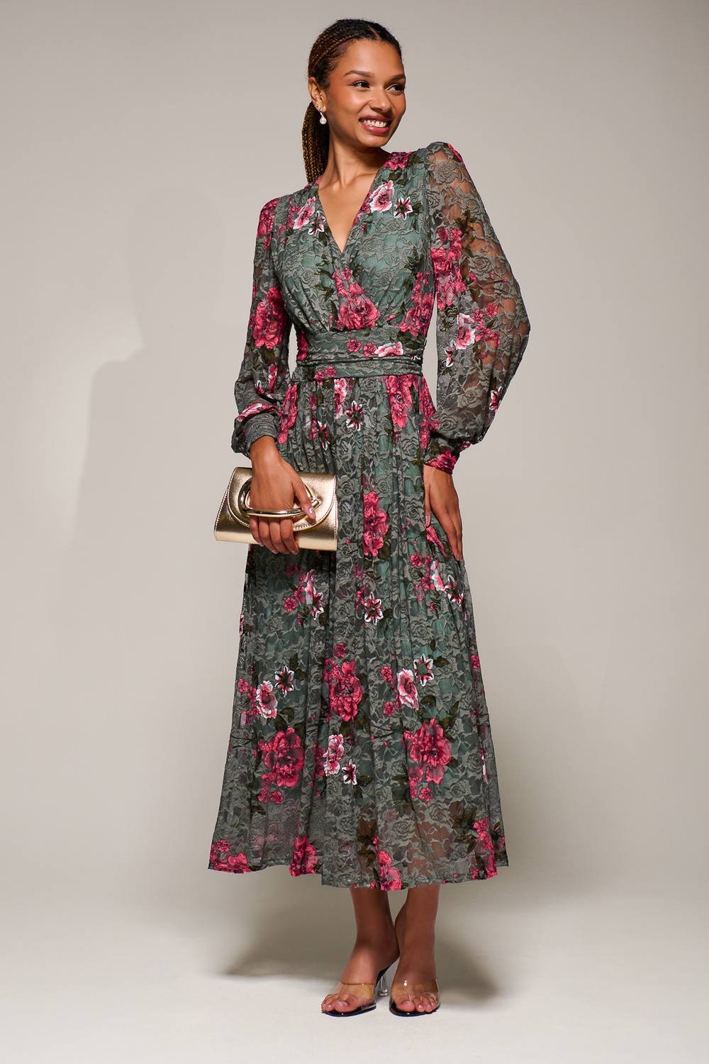 Jolie Moi Jolie Moi Women's Long Sleeve Printed Lace Midaxi Dress in Green - 3