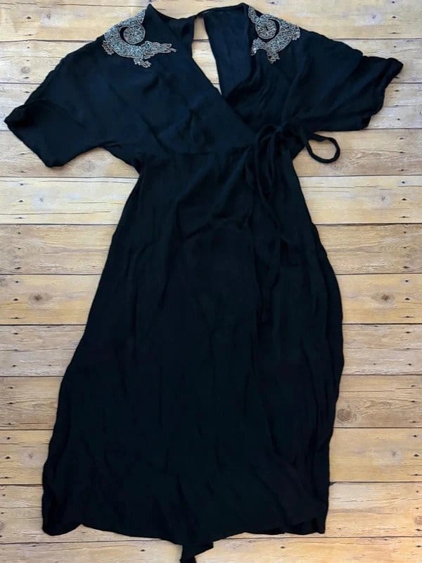 Topshop Black Wrap Dress with Embroidered Shoulders