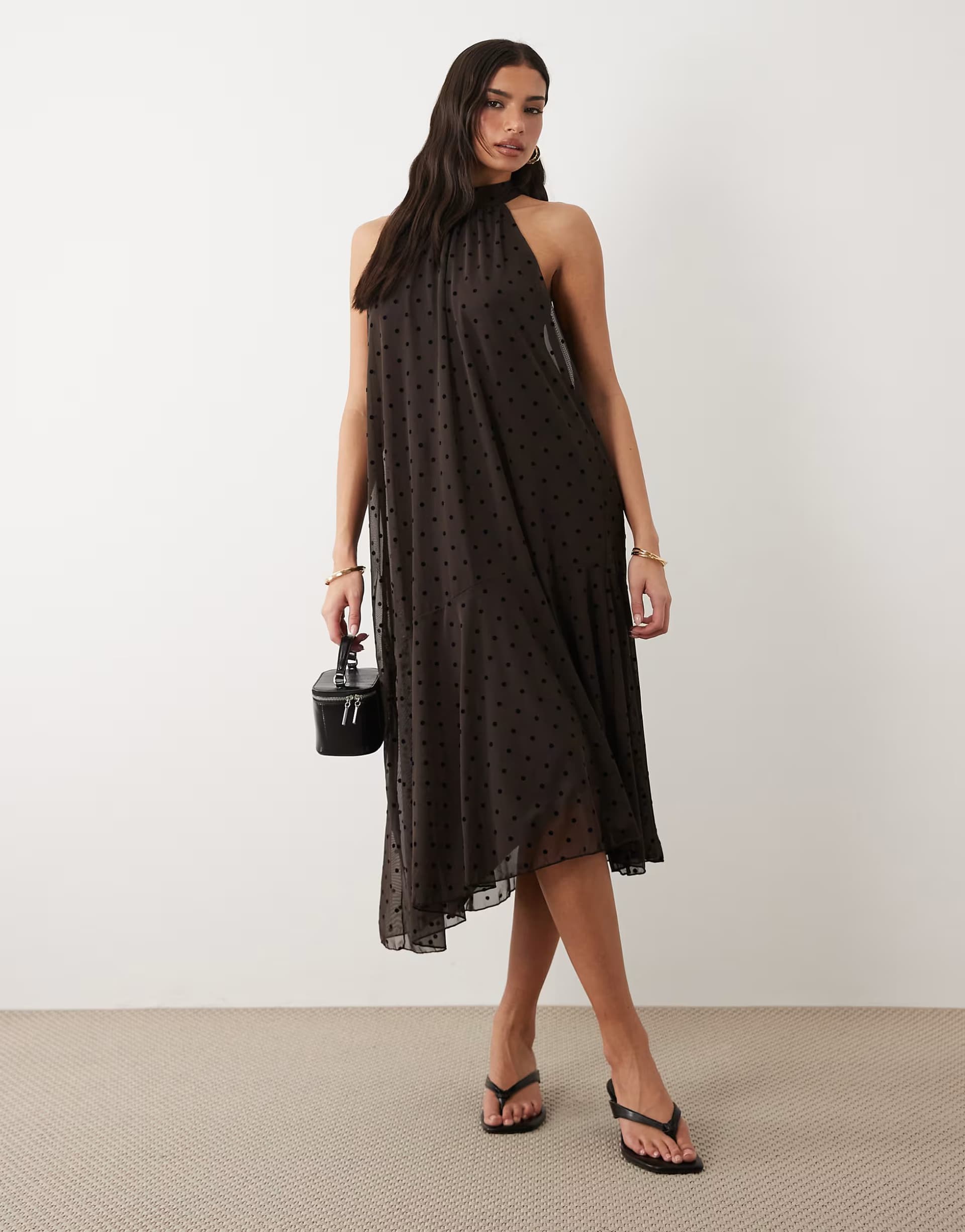 ASOS Gina tricot halterneck asymmetric dress in brown polka