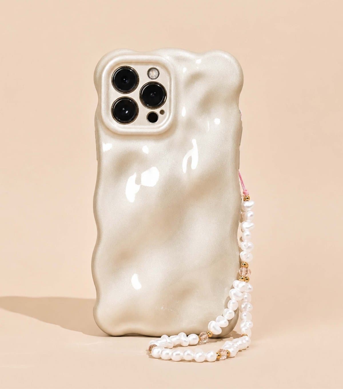 Coconut Lane Cream Faux Pearl Gold Tone Beaded Phone Strap Coconut Lane New Look
