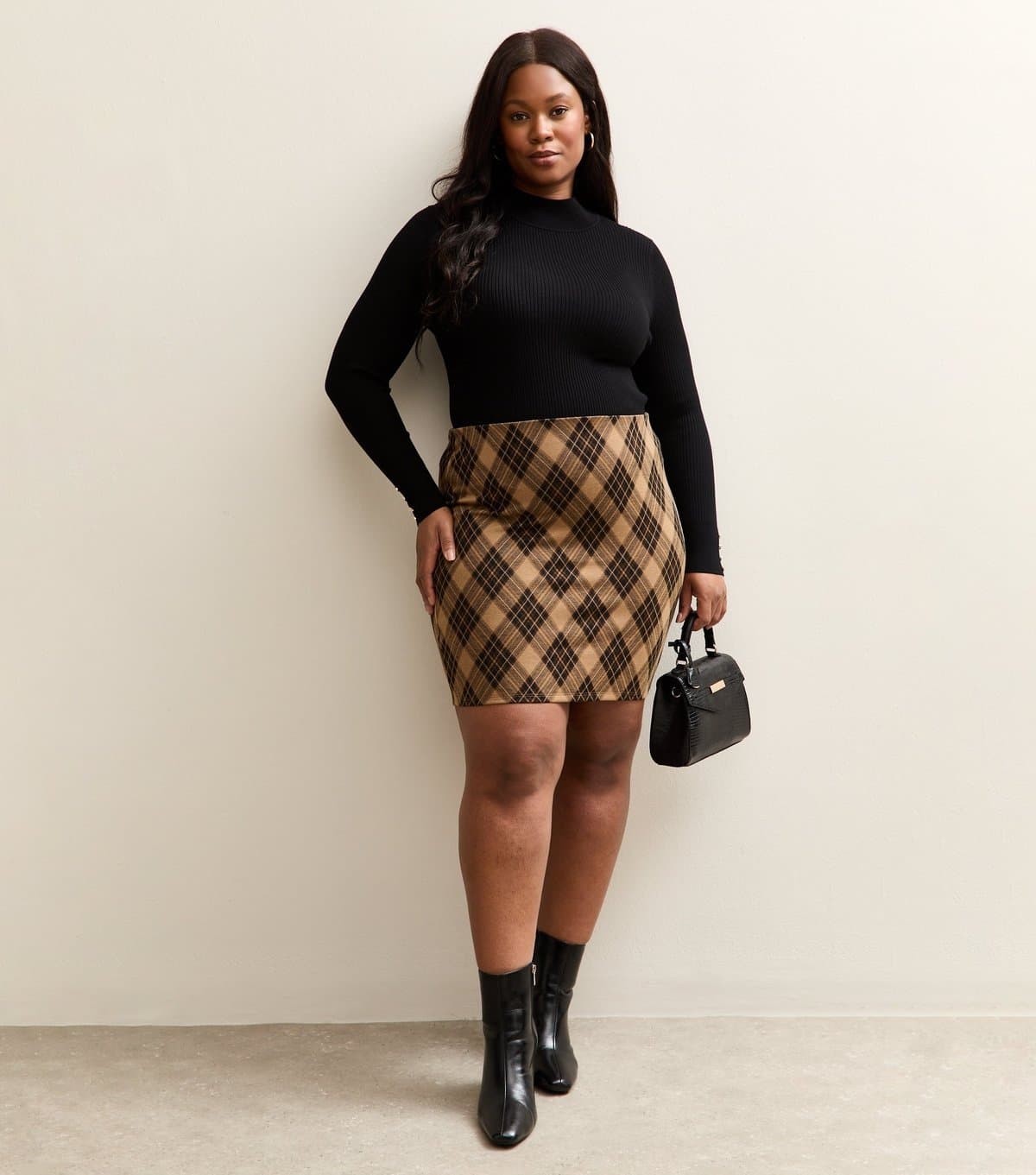 New Look Women's Plus Size Brown Checked Jacquard Tube Skirt Curves New Look