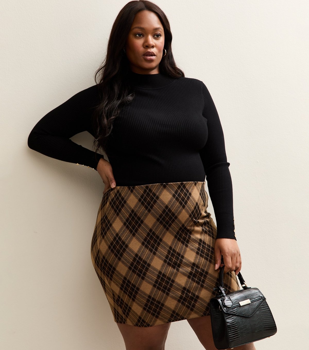 New Look Women's Plus Size Brown Checked Jacquard Tube Skirt Curves New Look - 2