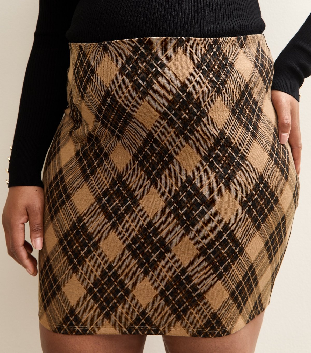 New Look Women's Plus Size Brown Checked Jacquard Tube Skirt Curves New Look - 3