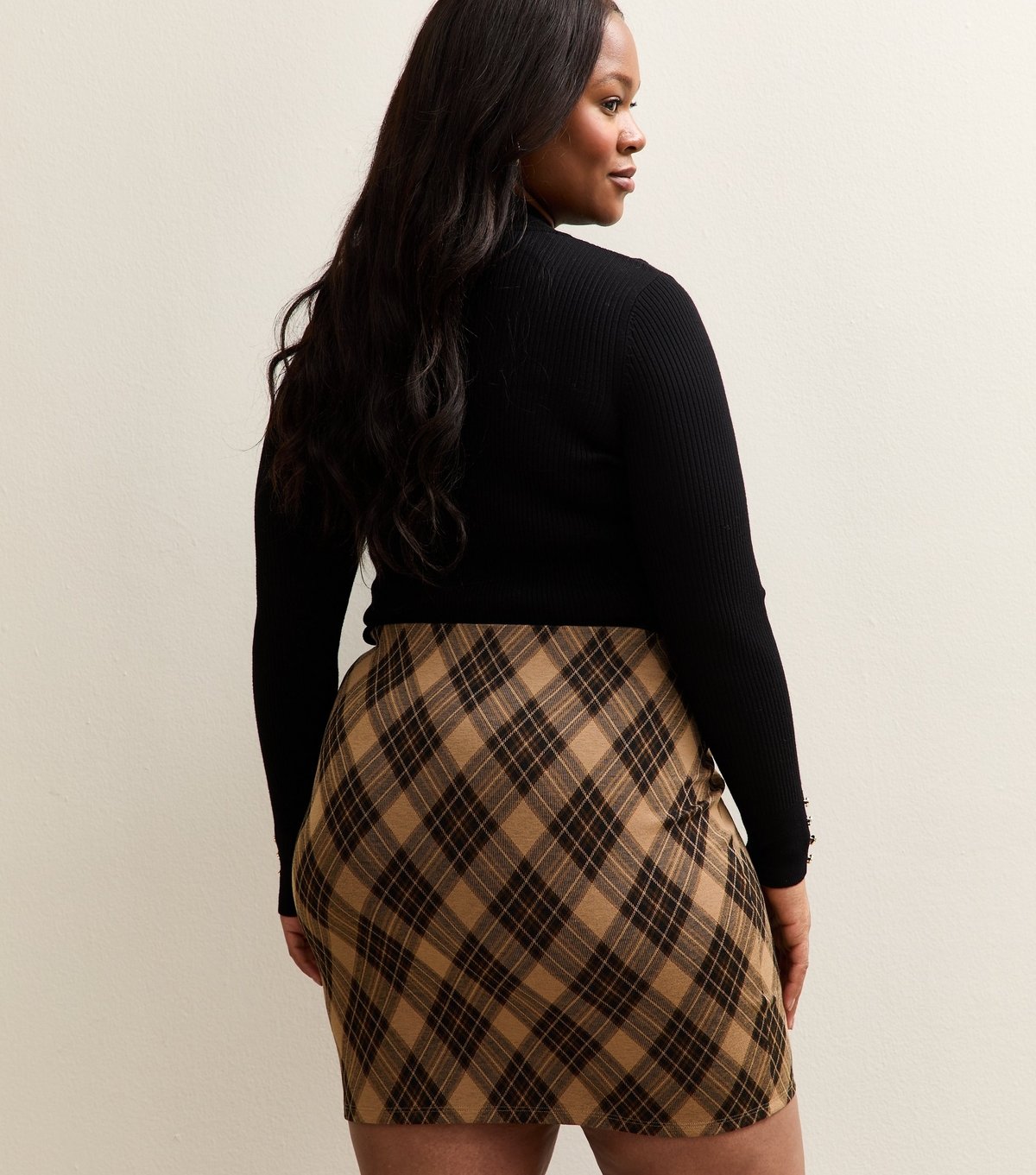 New Look Women's Plus Size Brown Checked Jacquard Tube Skirt Curves New Look - 4