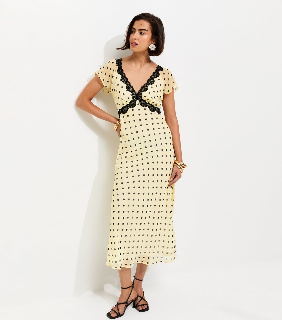 New Look Women's Yellow Spot Print Chiffon Lace Trim Cap Sleeve Midi Dress New Look