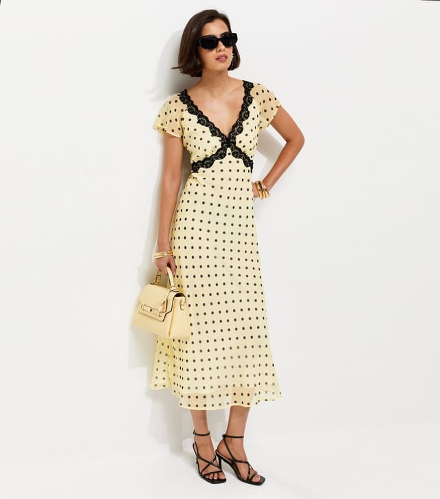 New Look Women's Yellow Spot Print Chiffon Lace Trim Cap Sleeve Midi Dress New Look - 3