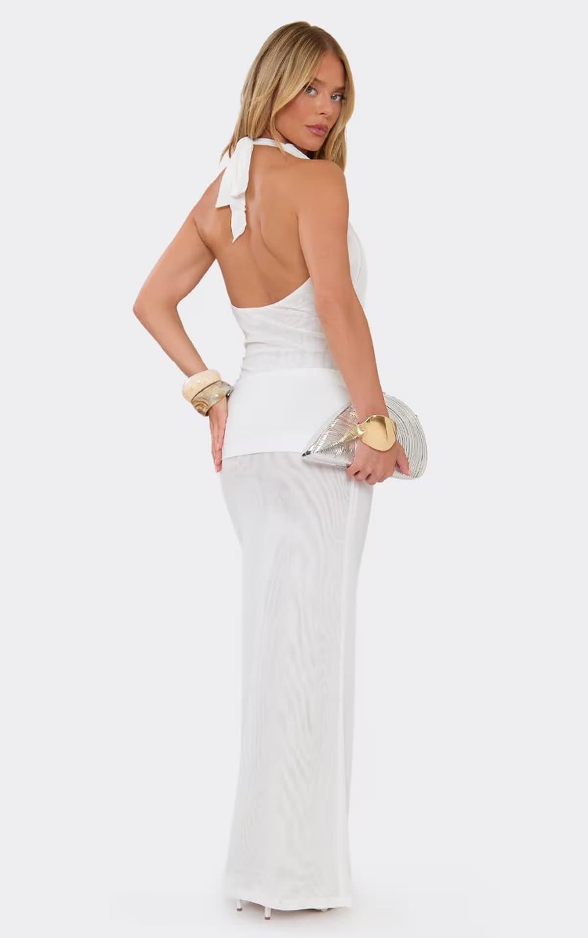 EGO Cowl Halterneck Sequin Panel Detail Maxi Dress In White, Women's Size UK 6