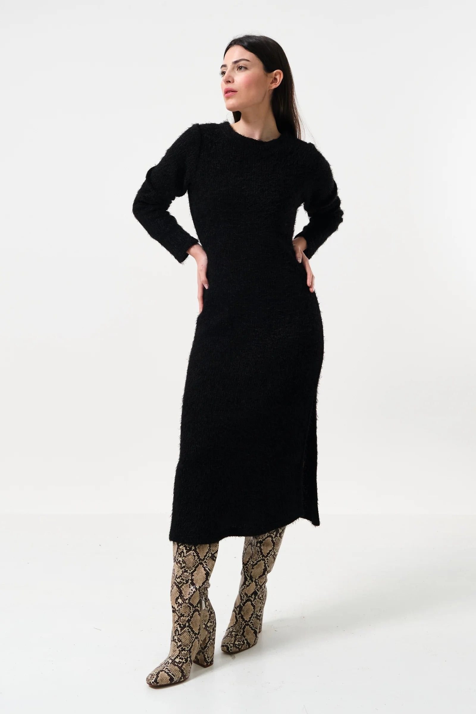 Louche Louche Women's Guila Eyelash Rib Long Sleeve Midi Dress - Black - 4