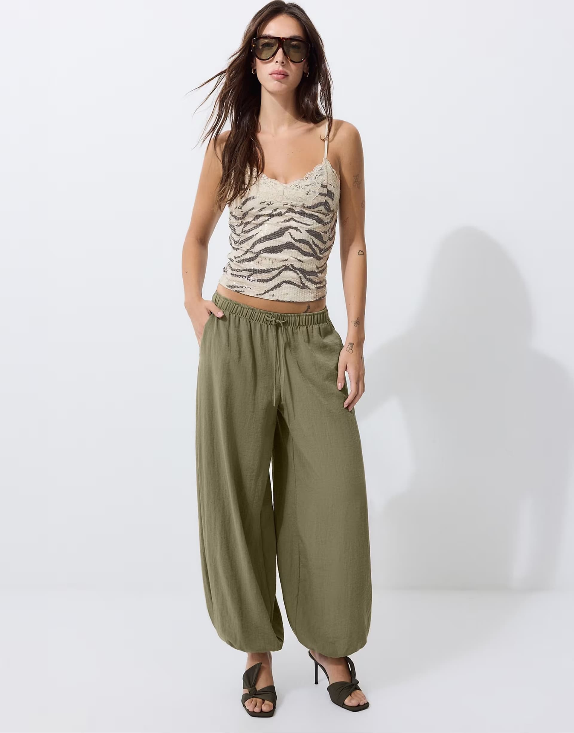 ASOS Stradivarius Animal print sequin slim fit top in beige