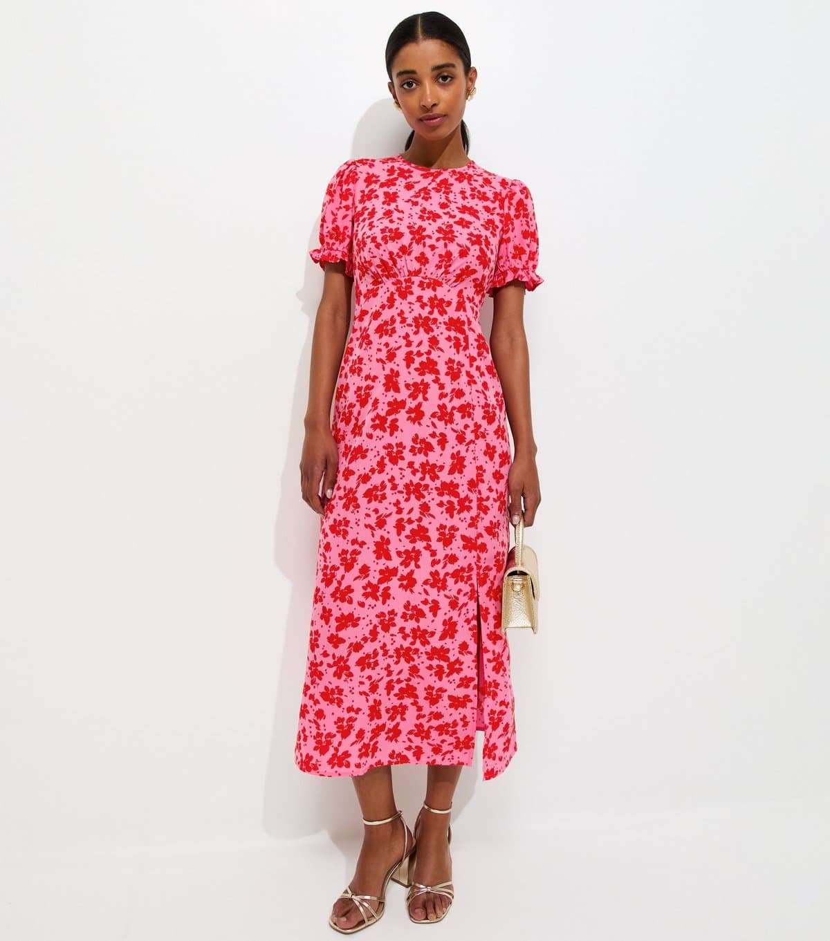New Look Women's Pink Crepe Floral Short Sleeve Midi Dress New Look