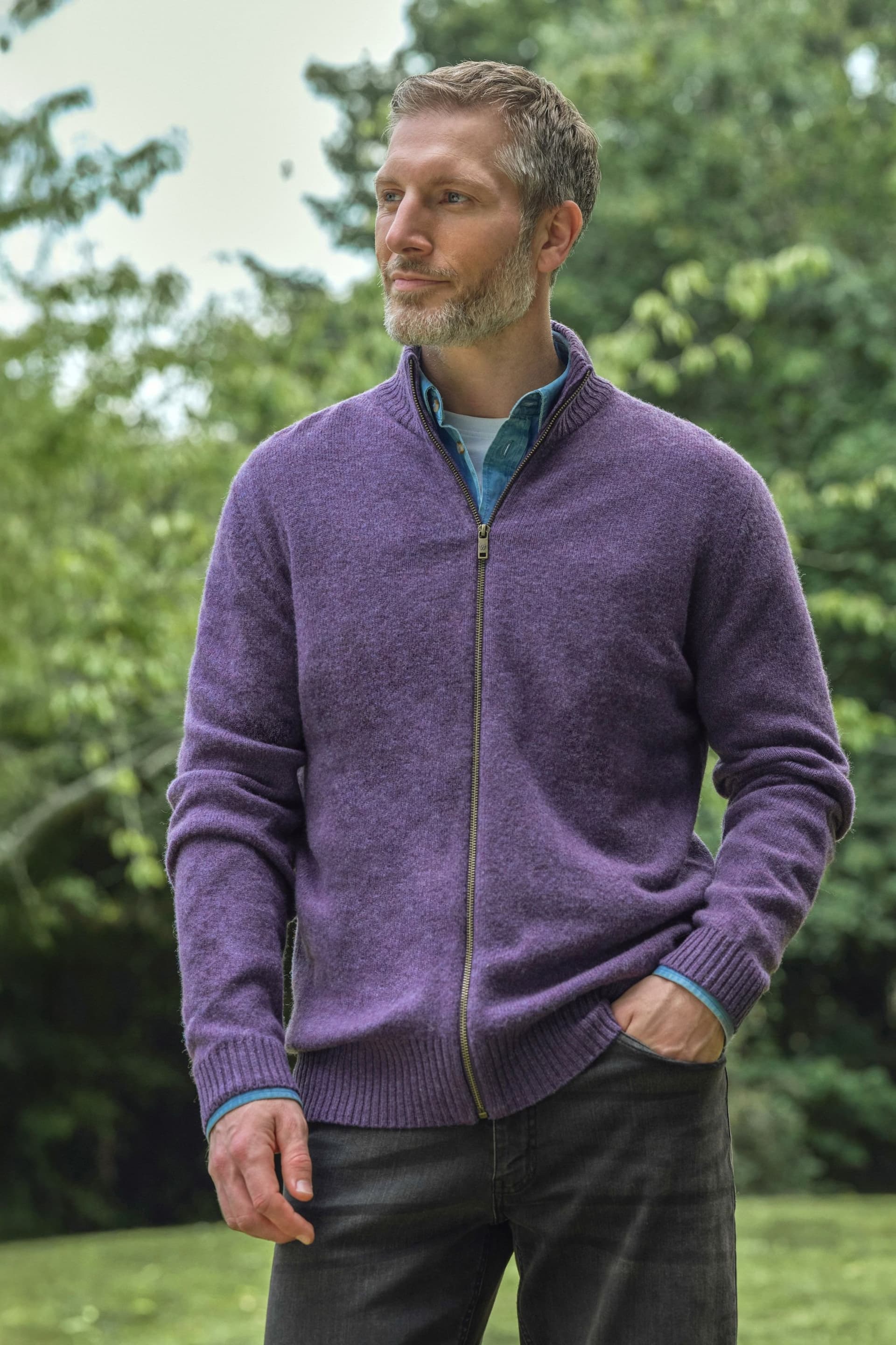 WoolOvers WoolOvers Men's 100% Wool Lincoln Zipper Cardigan in Purple