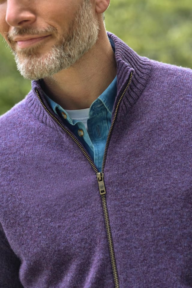 WoolOvers WoolOvers Men's 100% Wool Lincoln Zipper Cardigan in Purple - 2