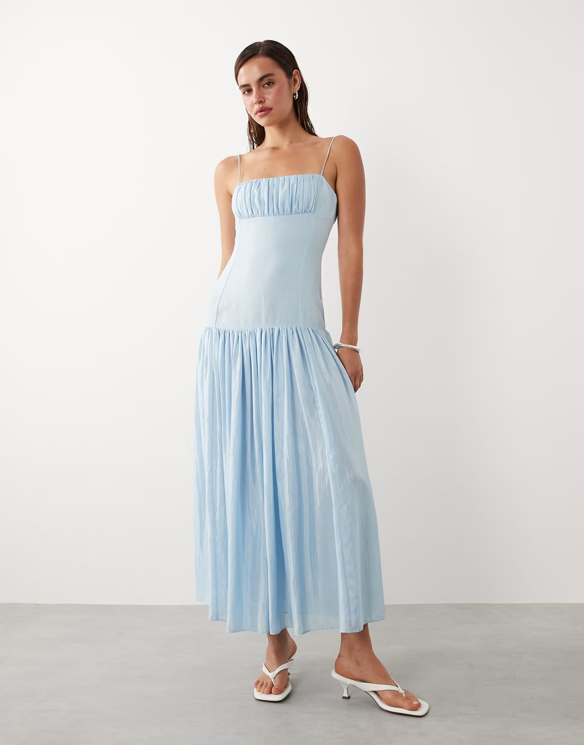 ASOS Mango ruched strappy maxi dress in pale blue