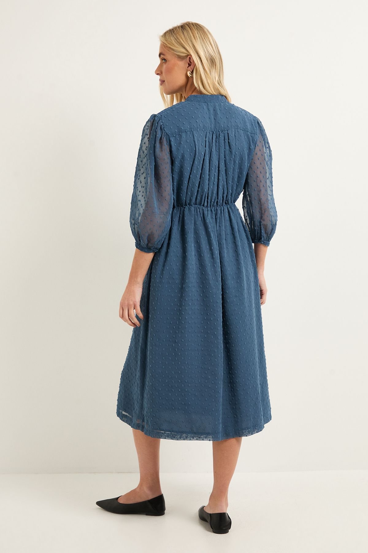 Wallis Wallis Women's Petite Dobby Pleat Detail Button Midi Dress in Blue - 3