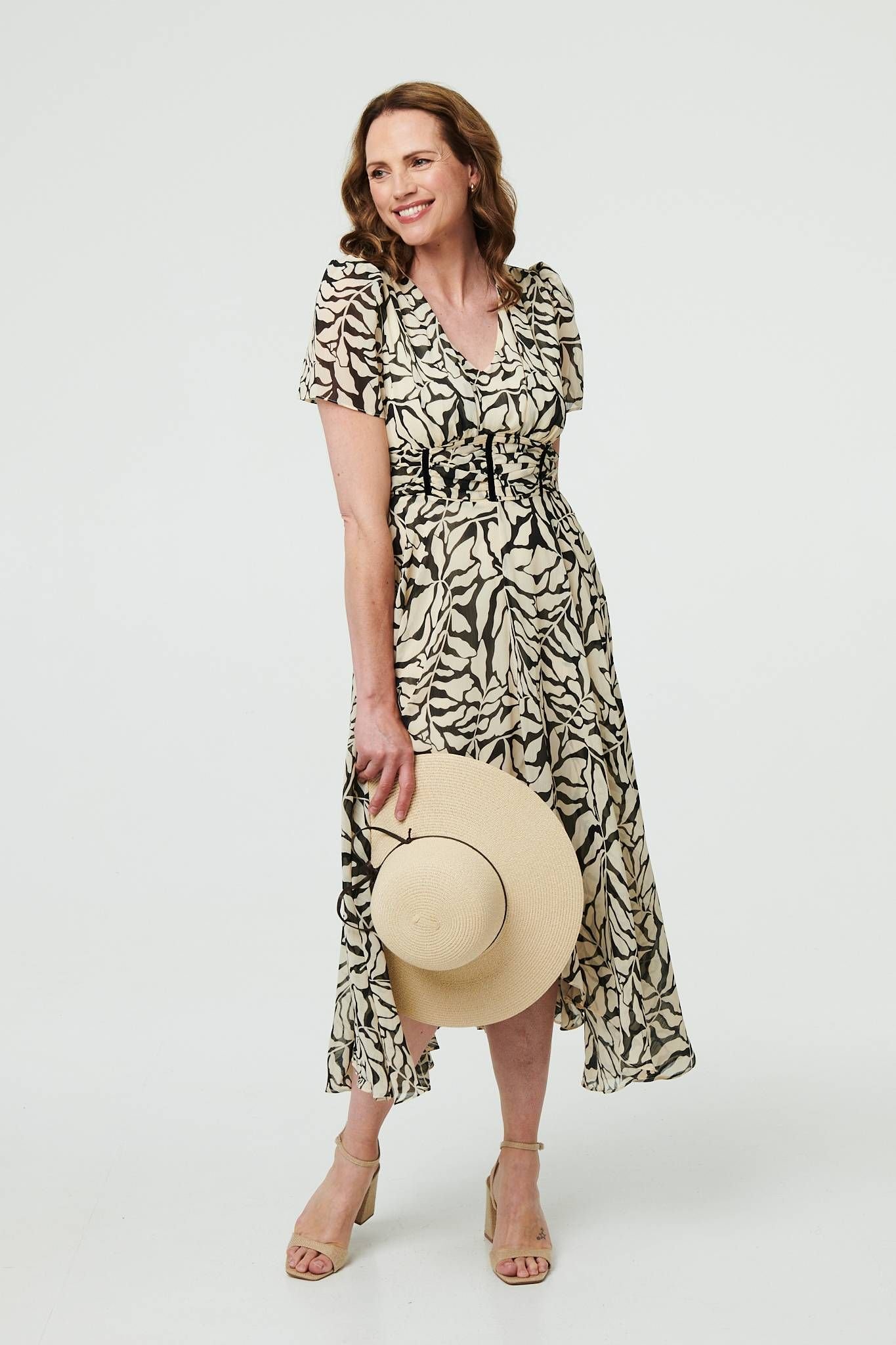 Izabel London Izabel London Women's Printed Ruched Front V-Neck Midi Dress in White - 2