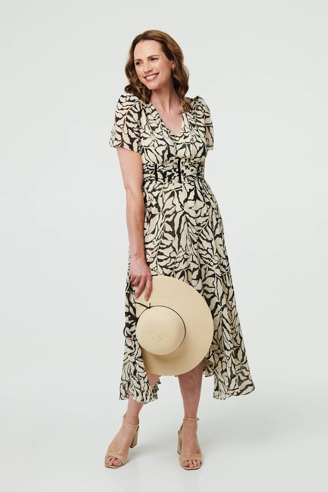Izabel London Izabel London Women's Printed Ruched Front V-Neck Midi Dress in White - 2