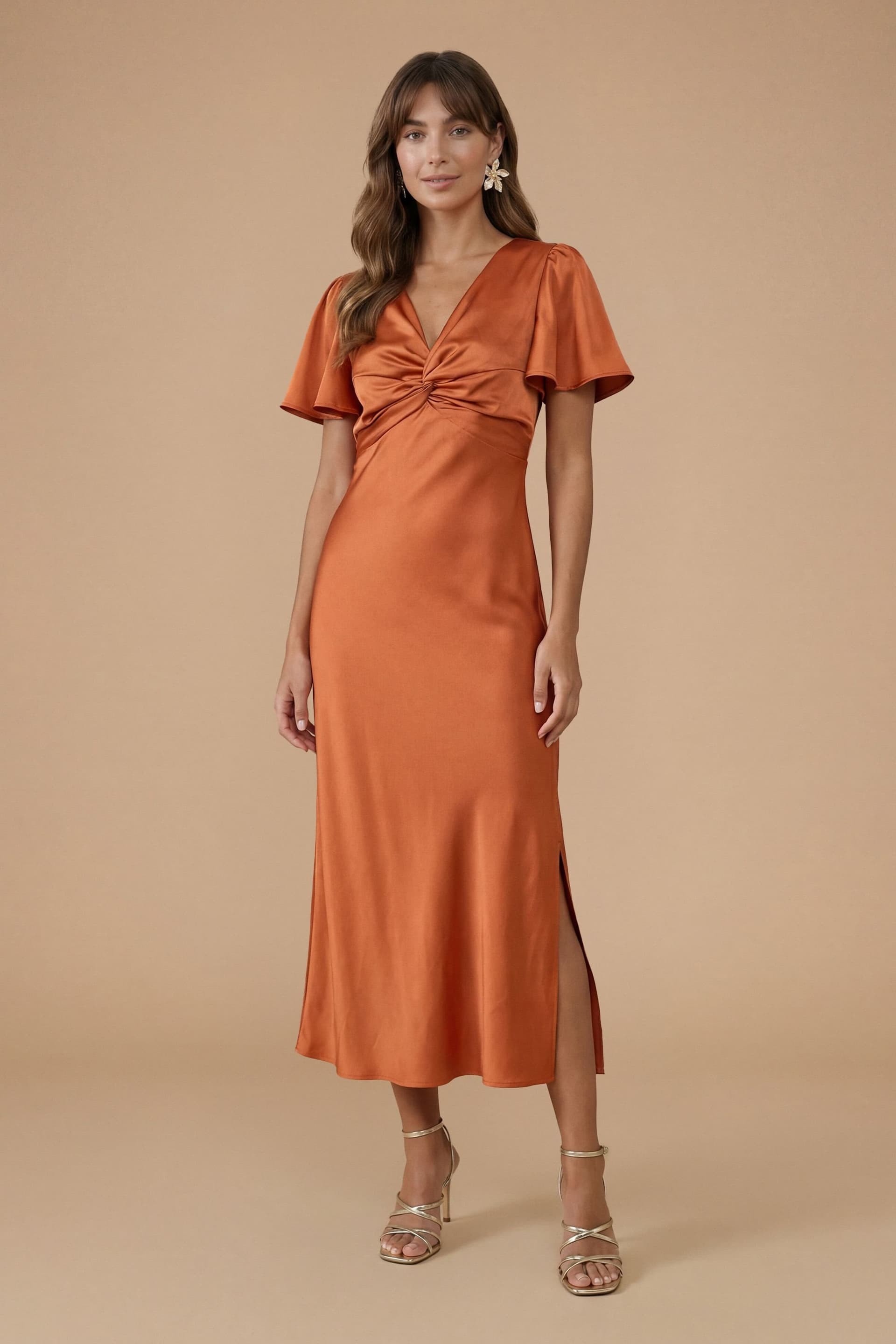 Oasis Oasis Women's Rust Satin Twist Front Angel Sleeve Midi Bridesmaid Dress