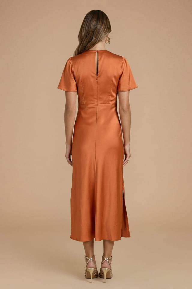 Oasis Oasis Women's Rust Satin Twist Front Angel Sleeve Midi Bridesmaid Dress - 3