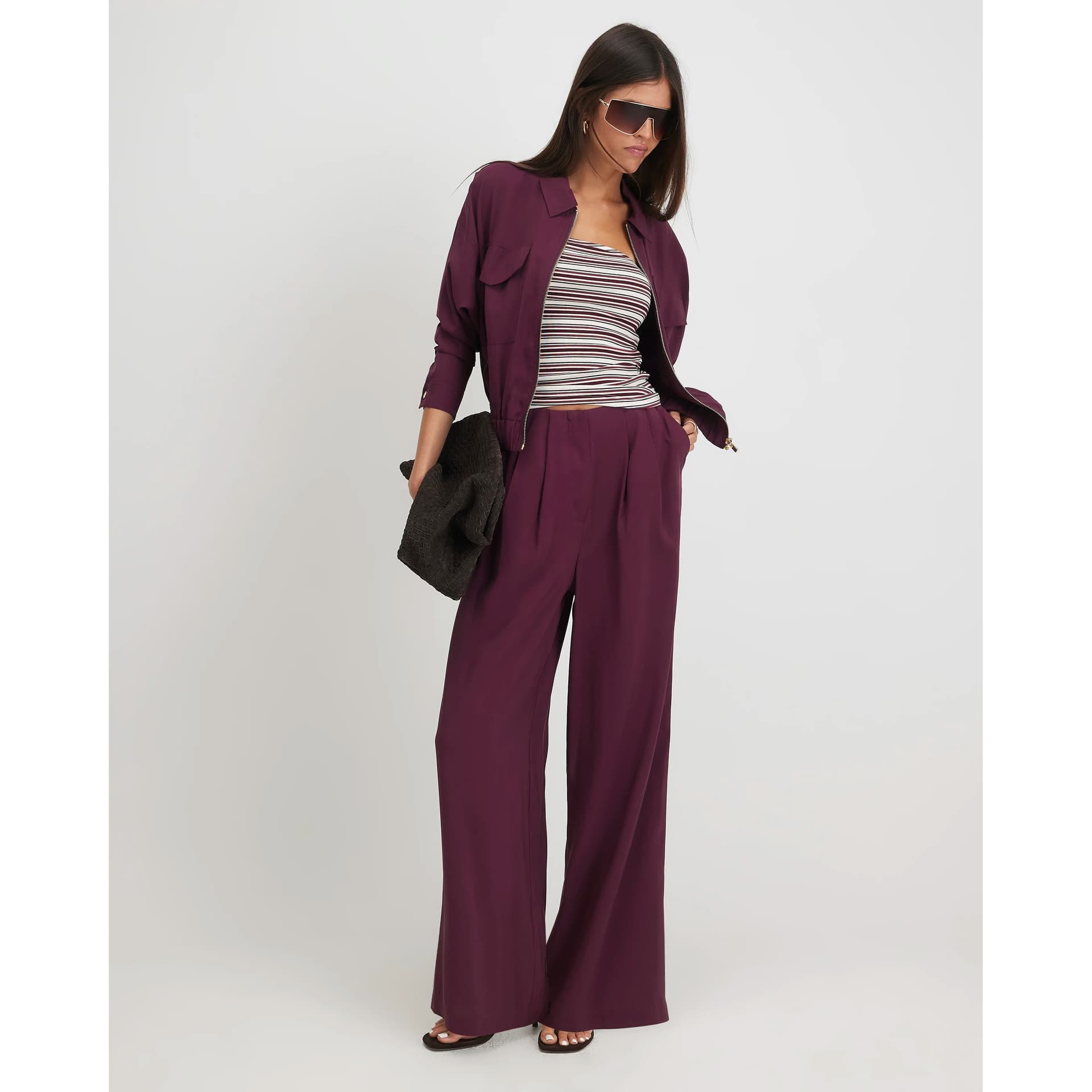 River Island River Island Womens Burgundy Pleat Wide Leg Trousers