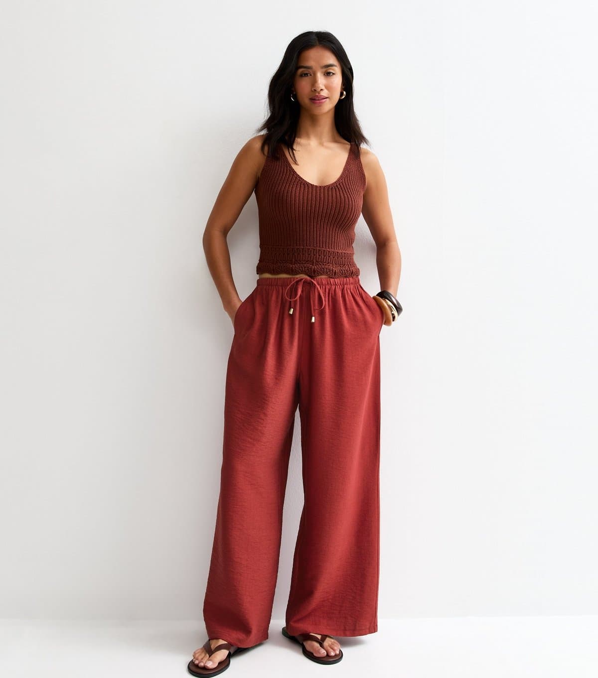 New Look Women's Petite Rust Wide Leg Drawstring Trousers New Look