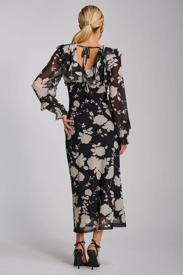 Jolie Moi Jolie Moi Women's Ruffle V Neck Long Sleeve Mesh Maxi Dress in Black - 2