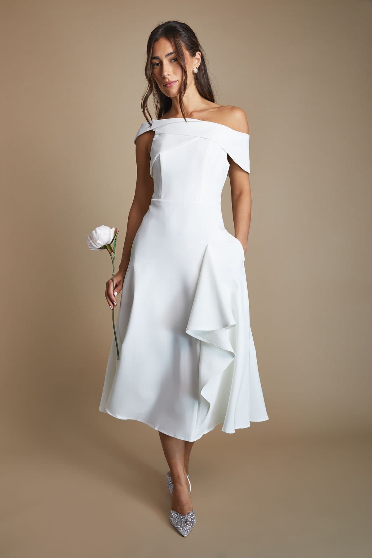 Coast Coast Women's Bardot Waterfall Crepe Midi Dress in Ivory