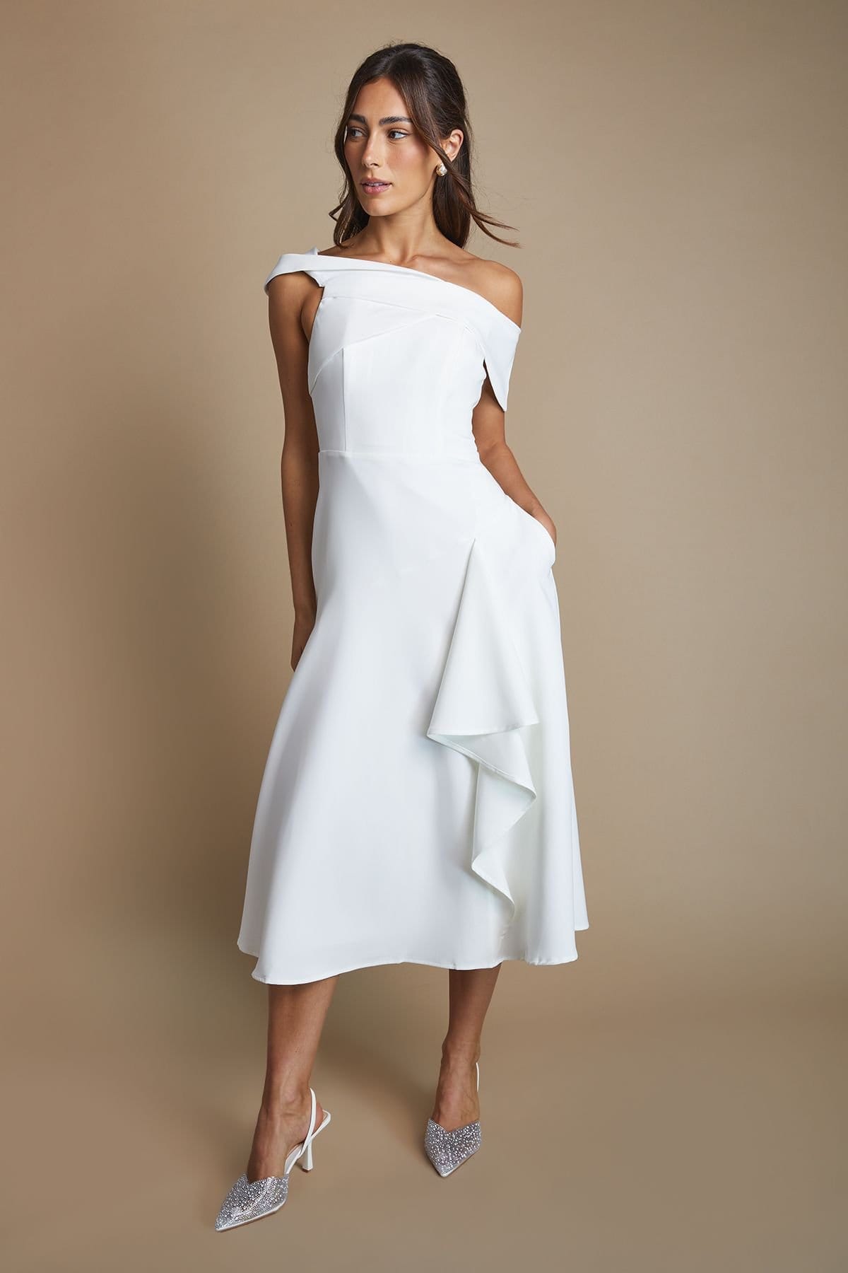 Coast Coast Women's Bardot Waterfall Crepe Midi Dress in Ivory - 4