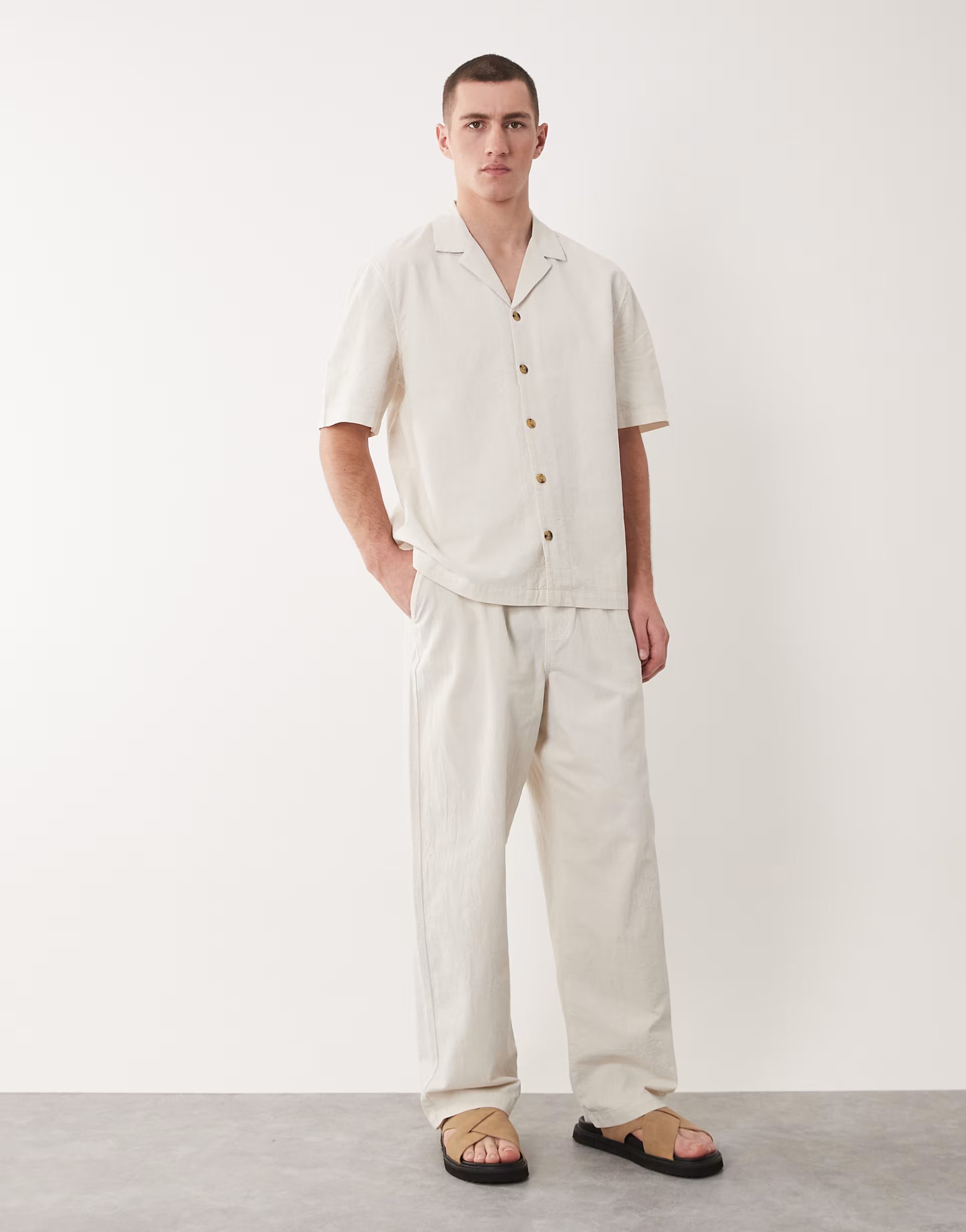 ASOS ASOS DESIGN co-ord loose straight fit textured trousers in ecru - 1