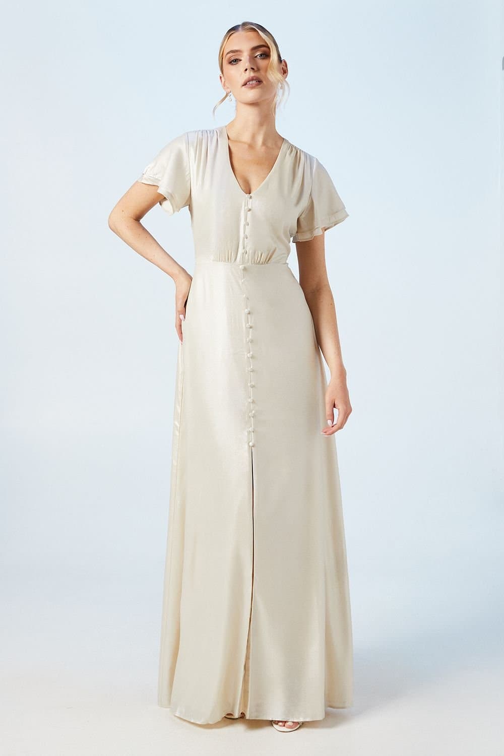 Oasis Oasis Women's Champagne Shimmer Flutter Sleeve Maxi Wedding Dress