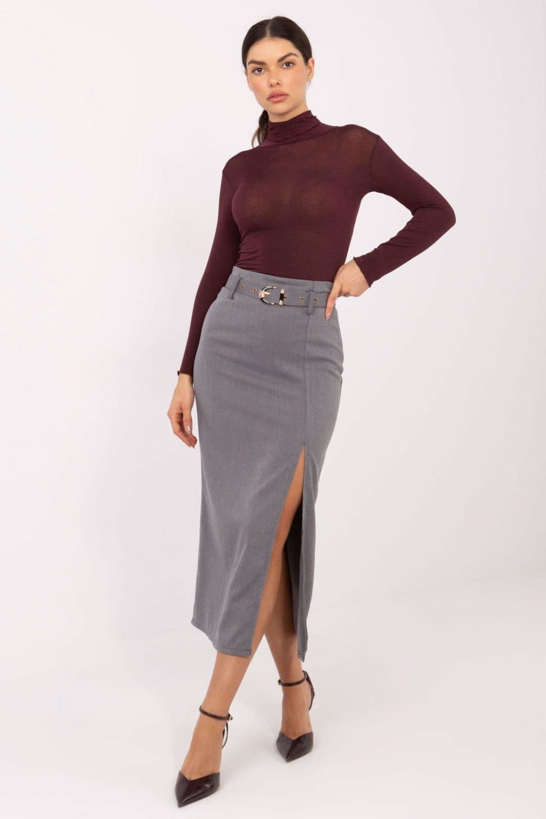 Love Lace Love Lace Women's Elegant Midi Skirt with Waist Belt & Slit in Grey