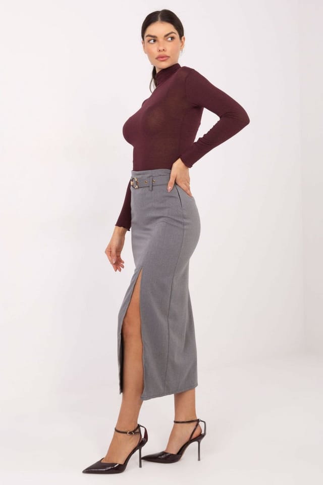 Love Lace Love Lace Women's Elegant Midi Skirt with Waist Belt & Slit in Grey - 2